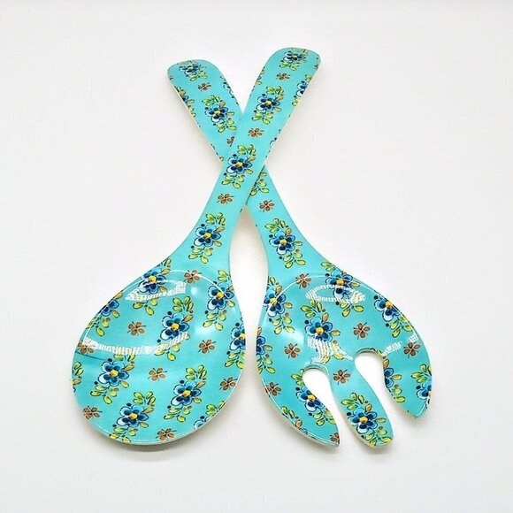 Le Cadeaux Madrid Turquoise Melamine Salad Serving Fork & Spoon - Picture 2 of 5